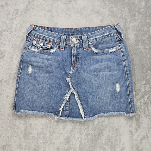 True Religion Lola Distressed Denim Mini Skirt, Size 30, Y2K USA - Picture 1 of 10